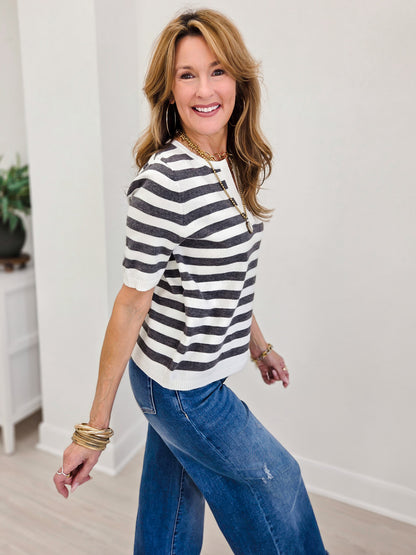 Split Neck Stripe Short Sleeve Sweater