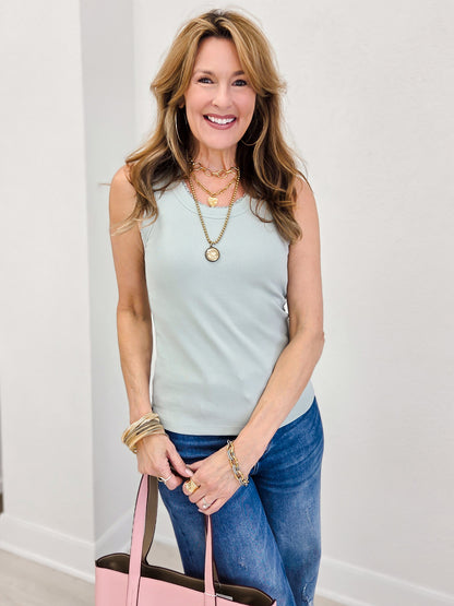 Ribbed Knit Tank With Lace Trim Detail