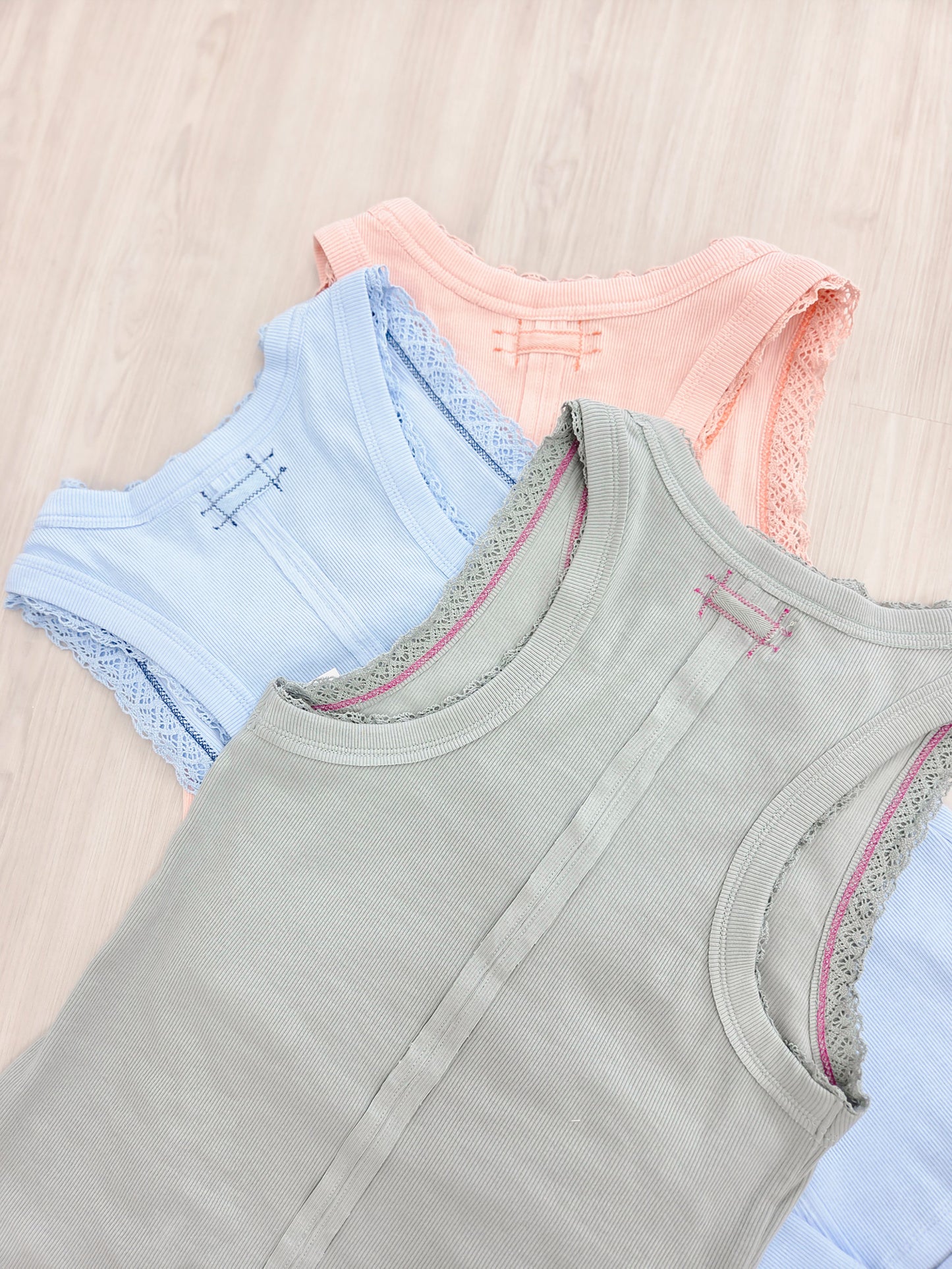 Ribbed Knit Tank With Lace Trim Detail