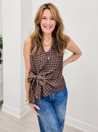 Sleeveless Checkered Top With Faux Wrapped Tie Detail