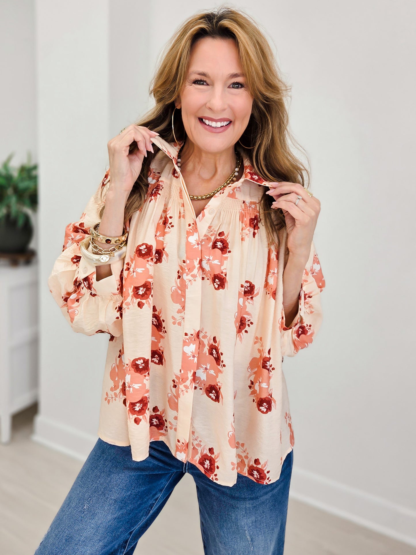 Floral Print Long Sleeve Top Featuring Shirring Detail At Front Yoke