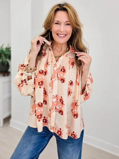 Floral Print Long Sleeve Top Featuring Shirring Detail At Front Yoke