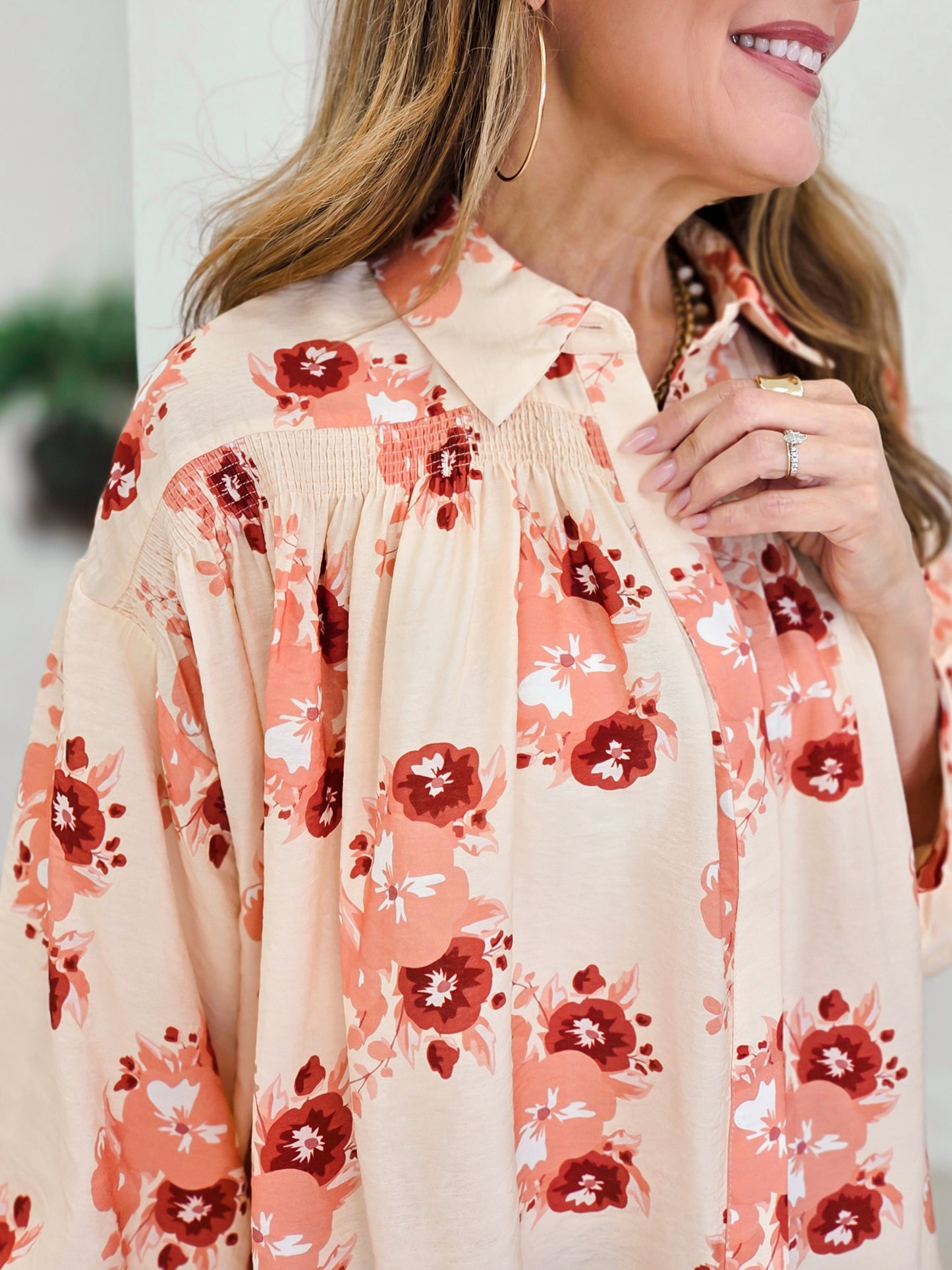 Floral Print Long Sleeve Top Featuring Shirring Detail At Front Yoke