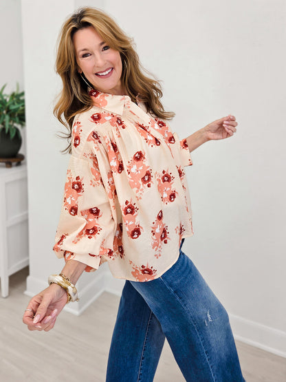 Floral Print Long Sleeve Top Featuring Shirring Detail At Front Yoke