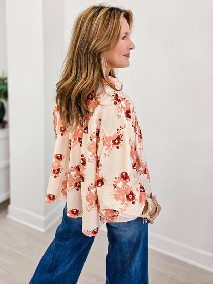 Floral Print Long Sleeve Top Featuring Shirring Detail At Front Yoke