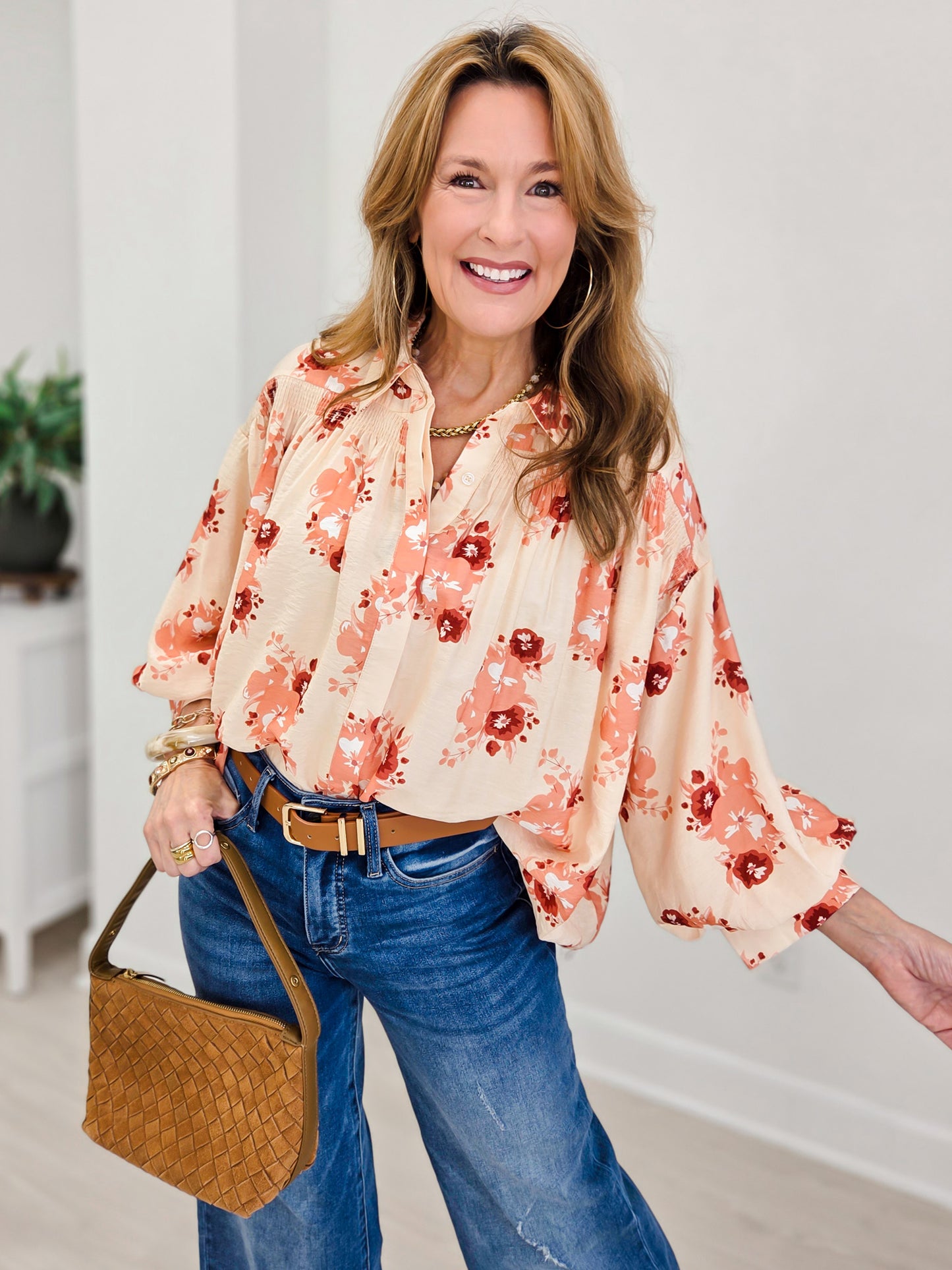 Floral Print Long Sleeve Top Featuring Shirring Detail At Front Yoke