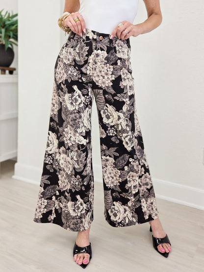 Wide Leg Pants Featuring Front Pockets With A Floral Design