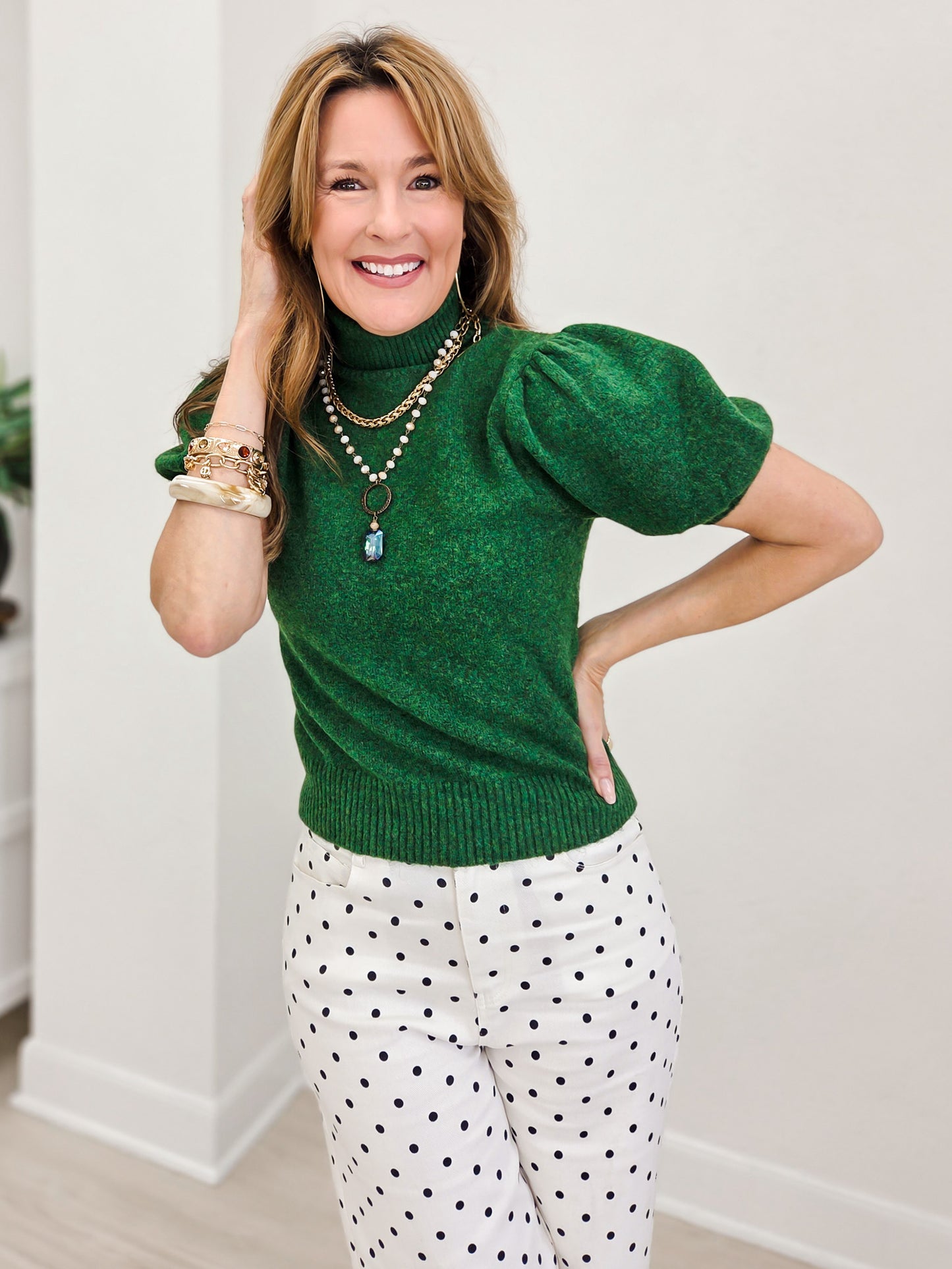 Solid Mock Neck Short Puff Sleeve Knit Top