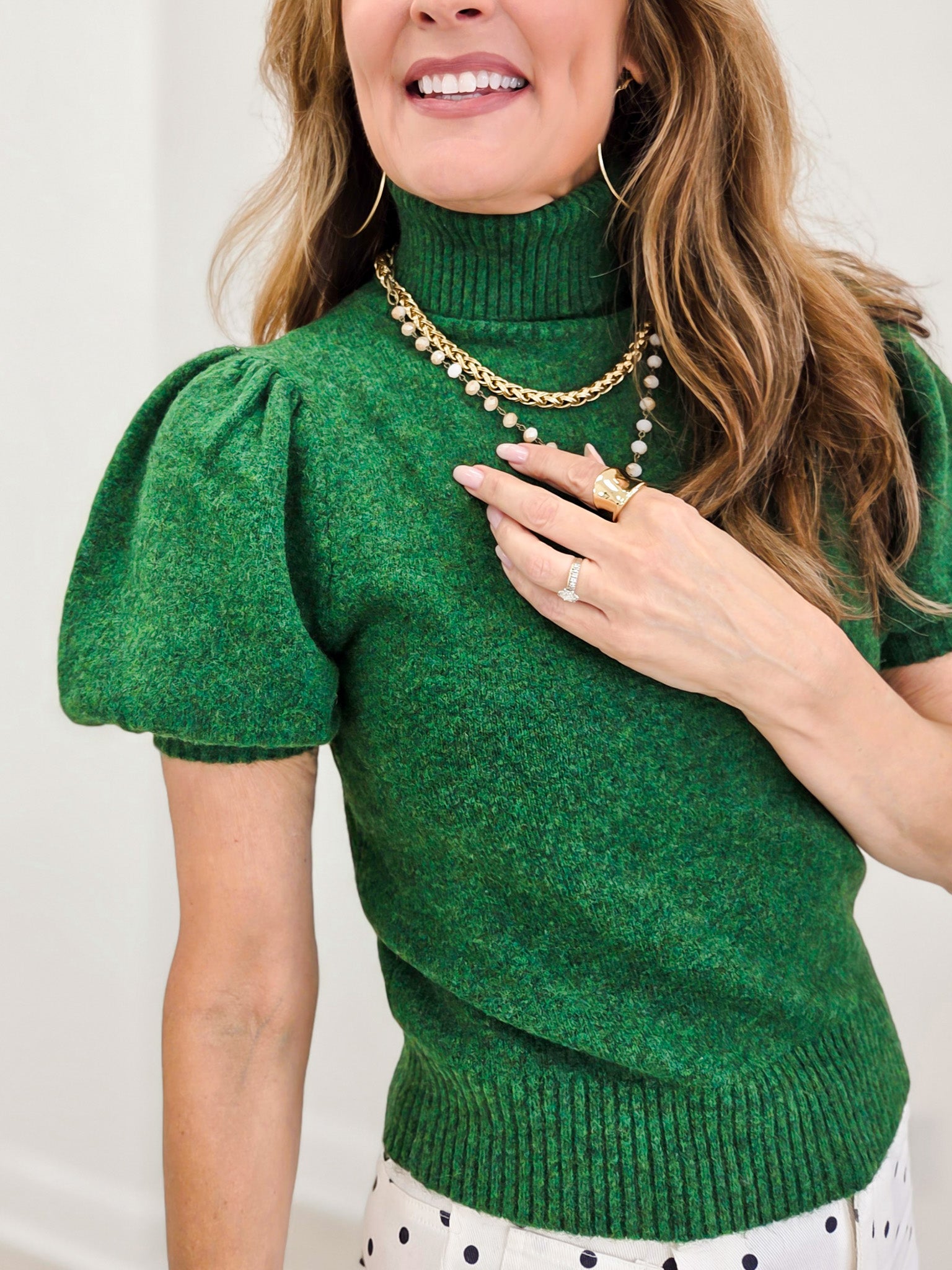 Solid Mock Neck Short Puff Sleeve Knit Top