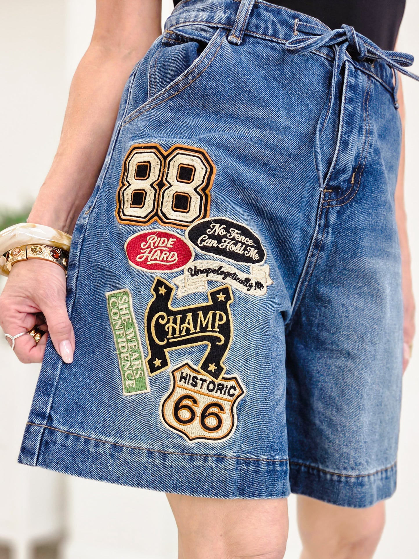 Varsity Patch Washed Denim Bermuda Shorts