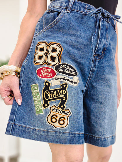 Varsity Patch Washed Denim Bermuda Shorts