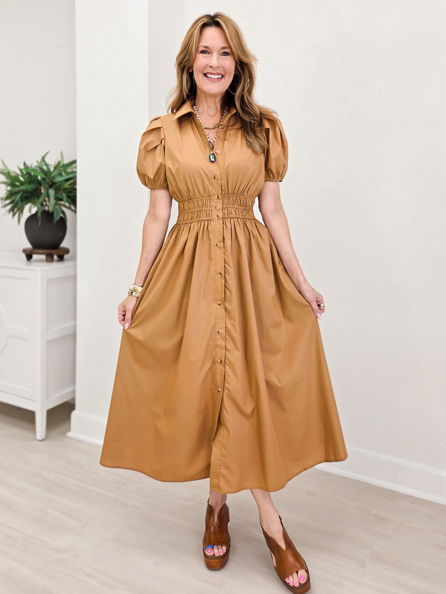 Solid Collared Short Puff Sleeve Midi Dress