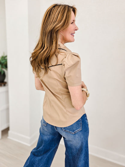 Beige Arrow Pearl Snap Puff Sleeve Top