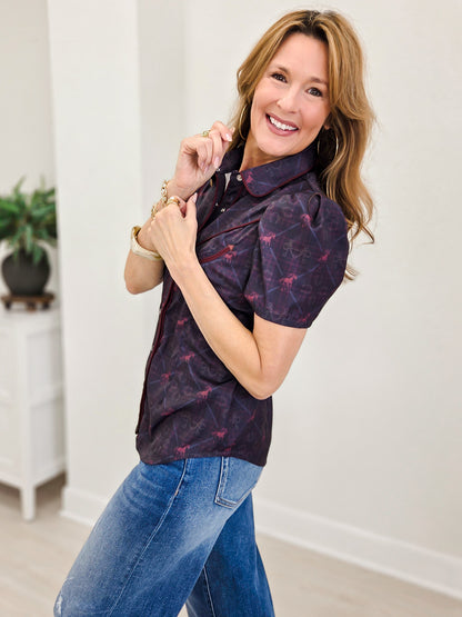 Black Horse Shoe Western Contrast Arrow Pearl Snap Top