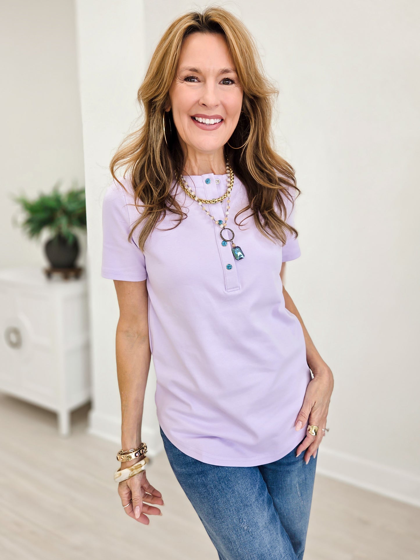 Turquoise Snap 1/4 Button Down T-Shirt
