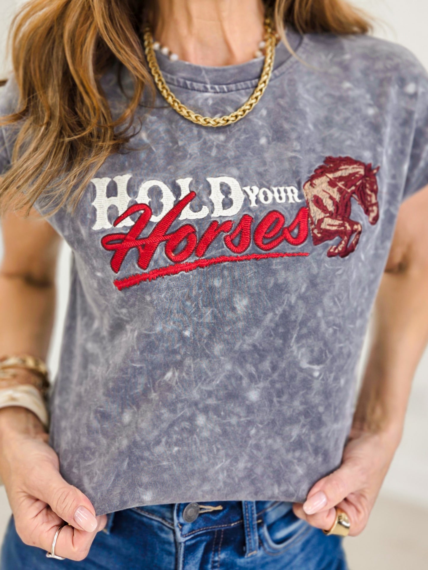 Grey Mineral Wash Embroidered Short Sleeve Top