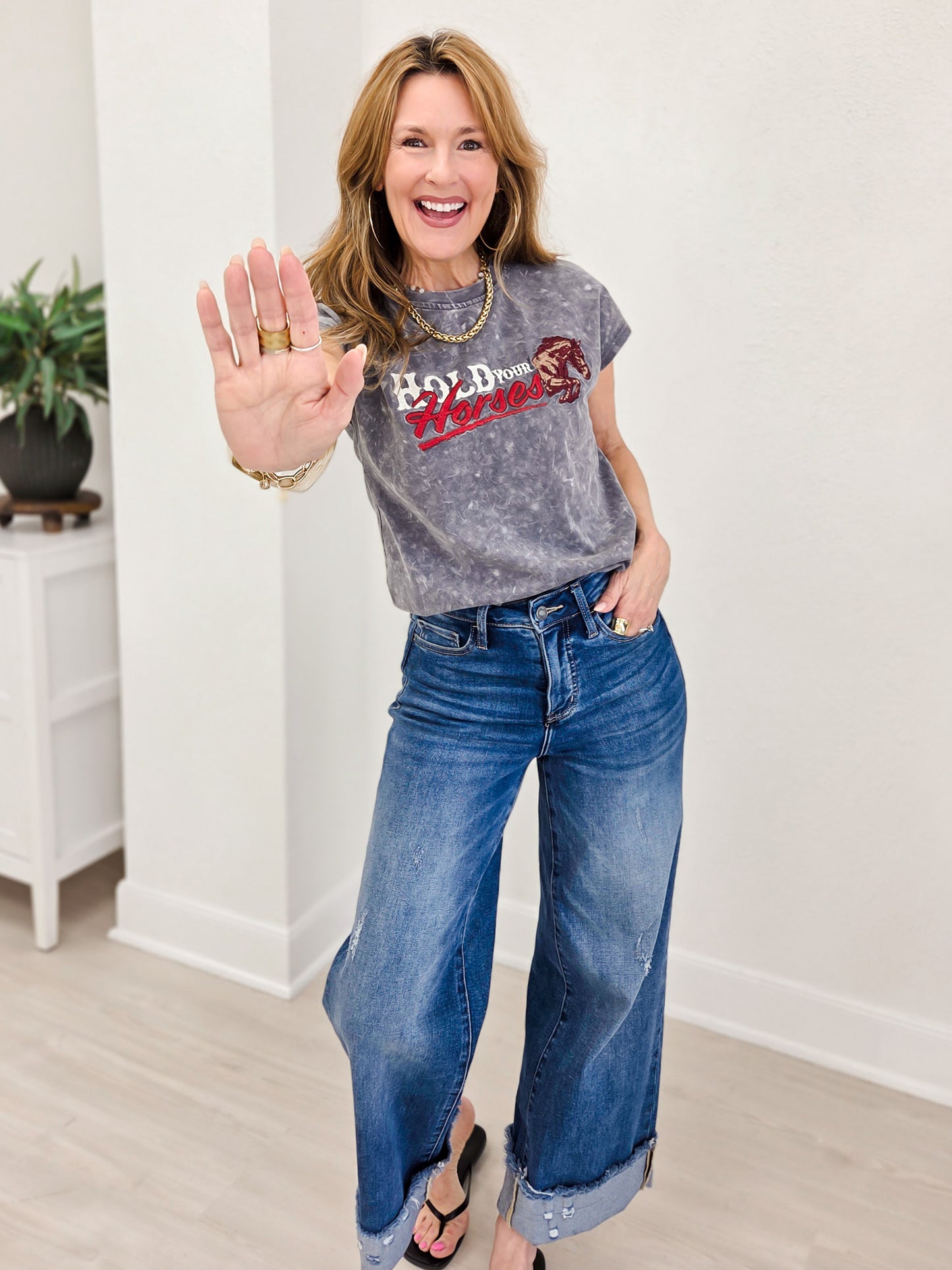 Grey Mineral Wash Embroidered Short Sleeve Top
