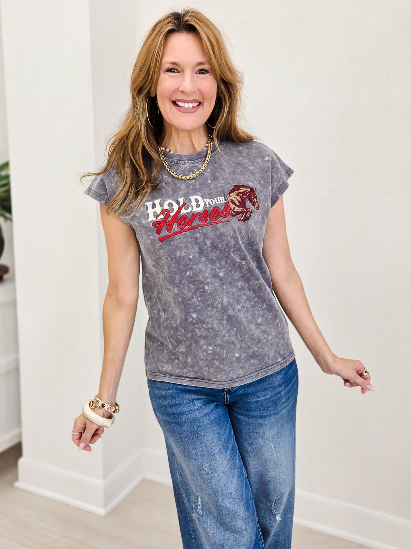 Grey Mineral Wash Embroidered Short Sleeve Top