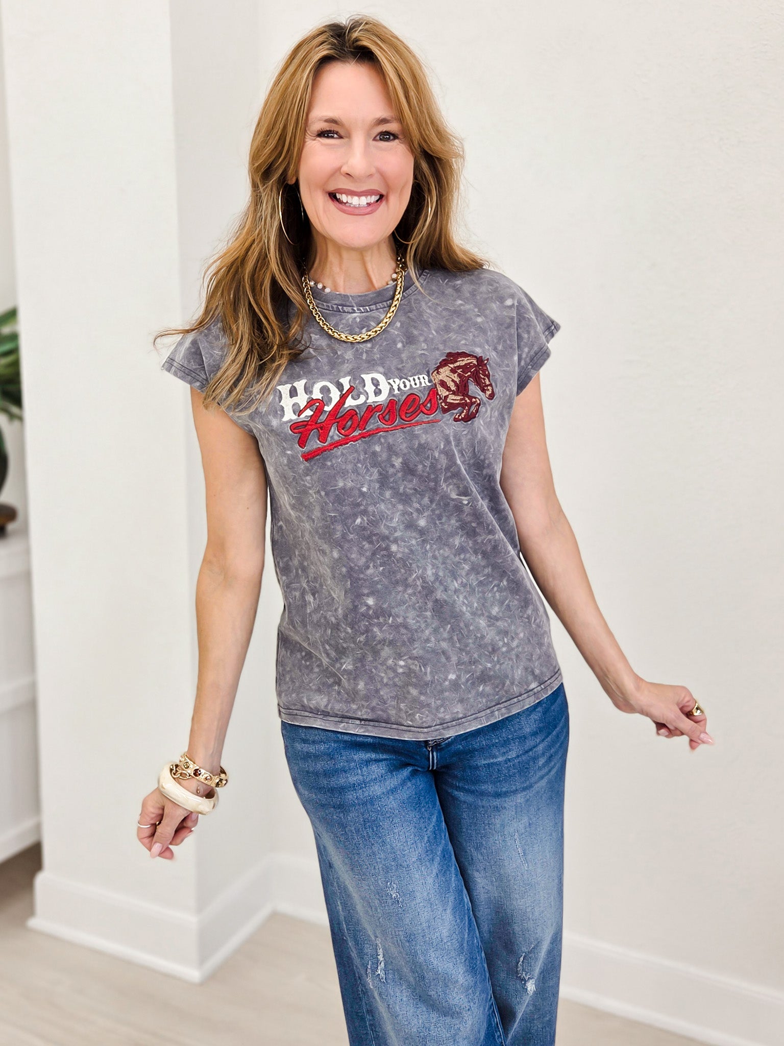 Grey Mineral Wash Embroidered Short Sleeve Top