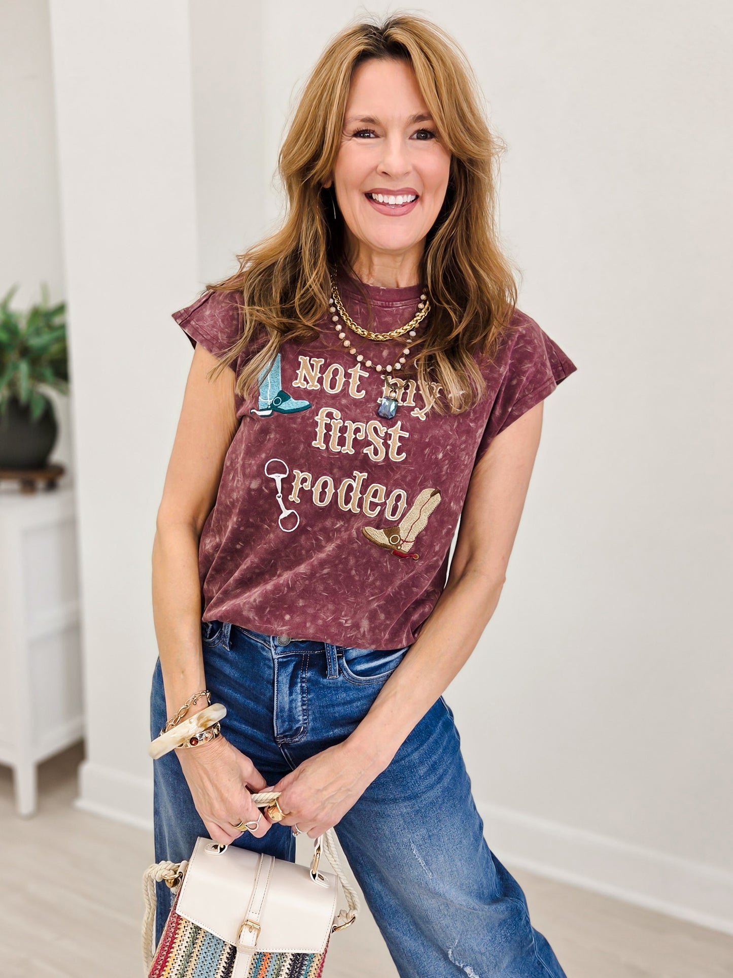 Wine Mineral Wash Embroidered Short Sleeve Top