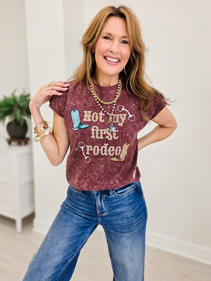 Wine Mineral Wash Embroidered Short Sleeve Top