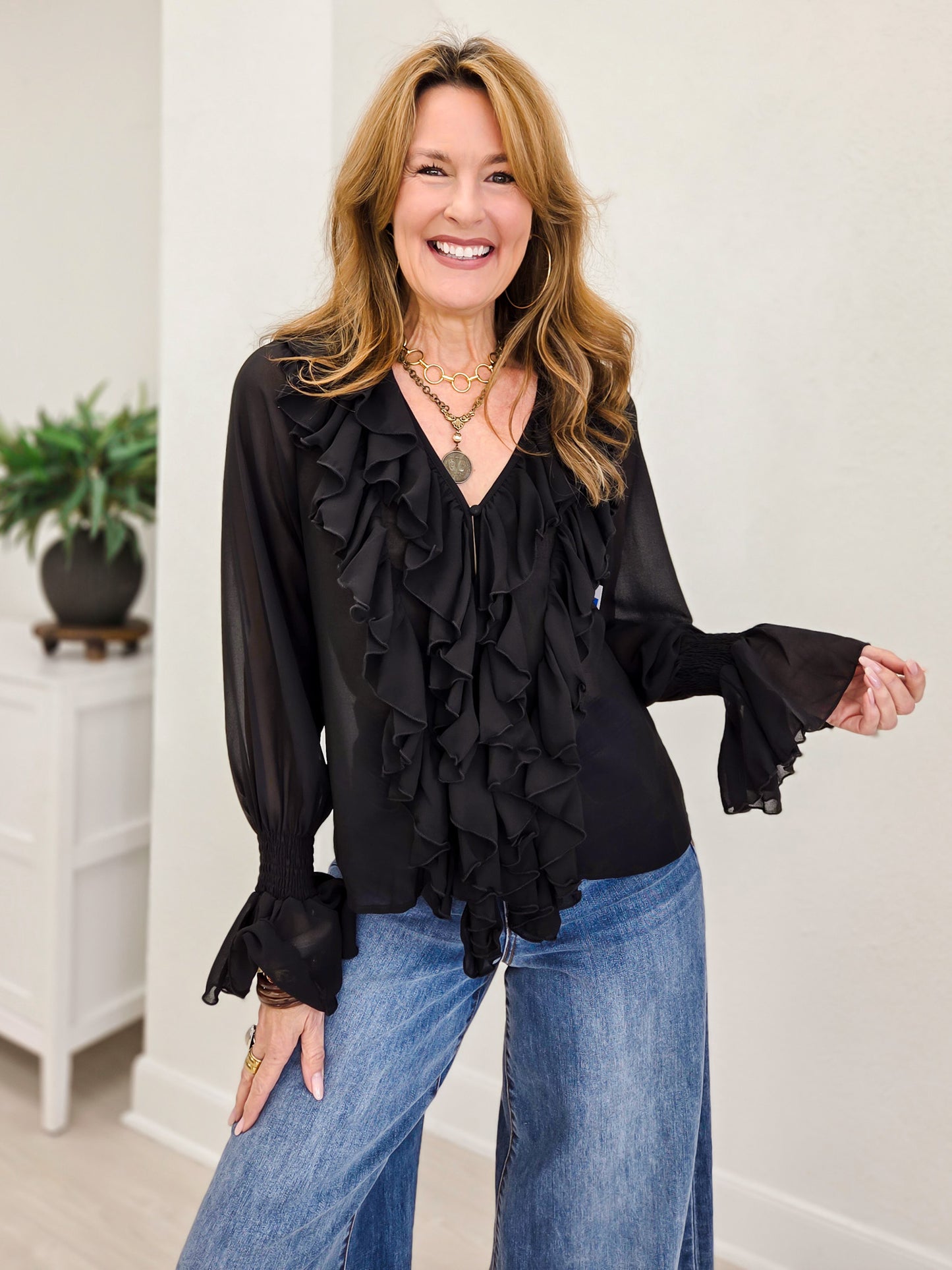 Black Pleated Ruffle Vintage Western Top