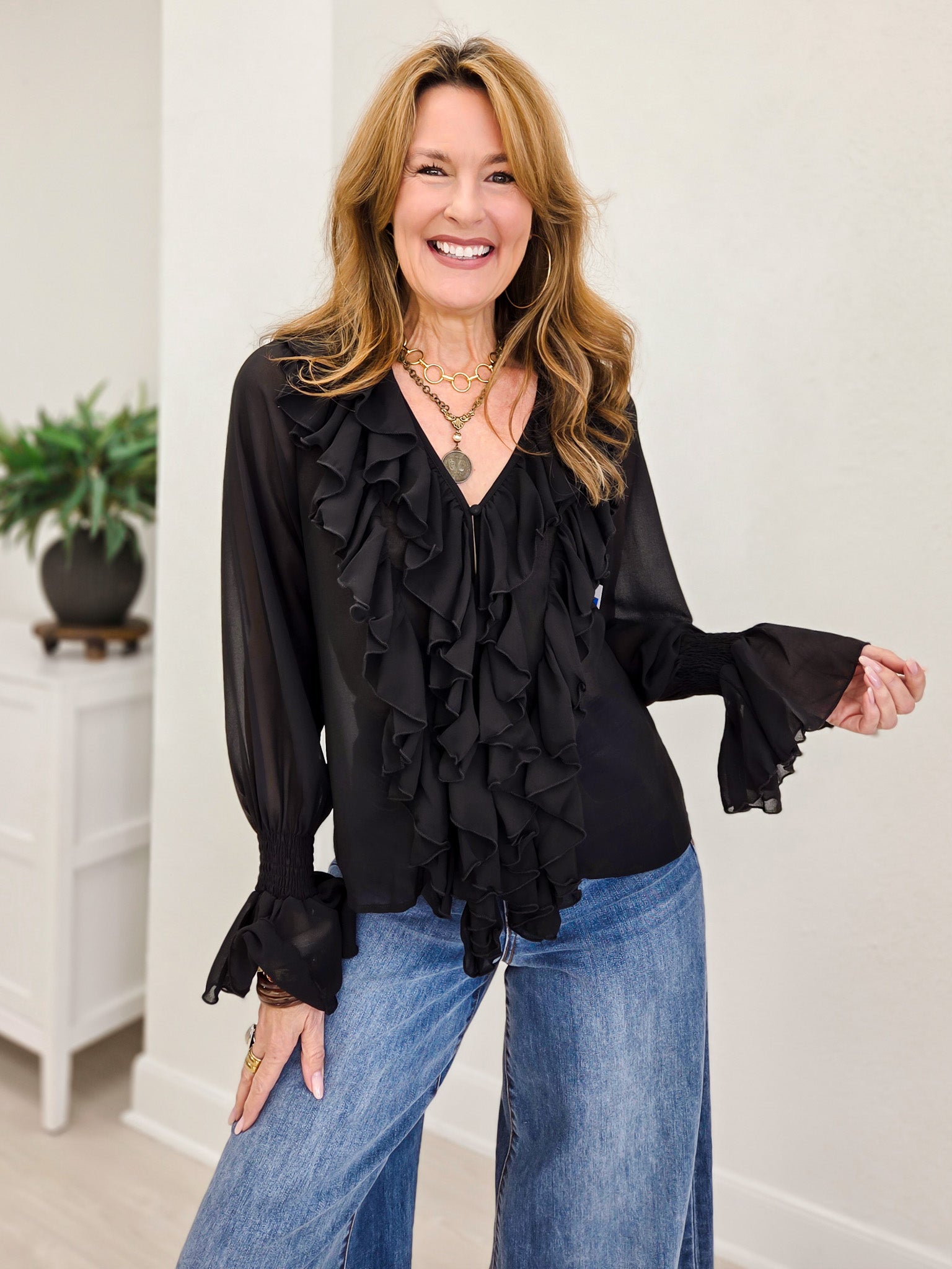 Black Pleated Ruffle Vintage Western Top