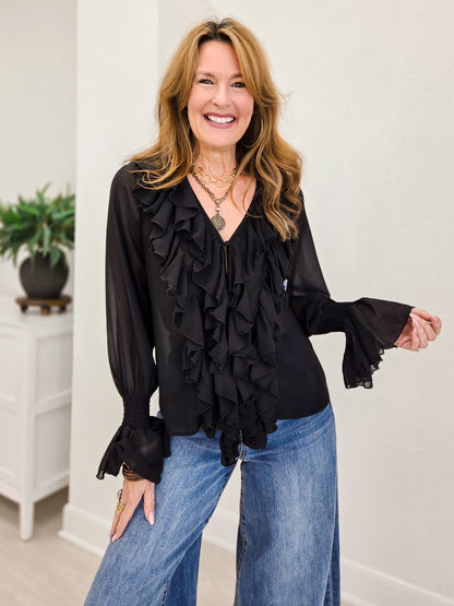 Black Pleated Ruffle Vintage Western Top
