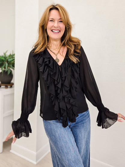Black Pleated Ruffle Vintage Western Top