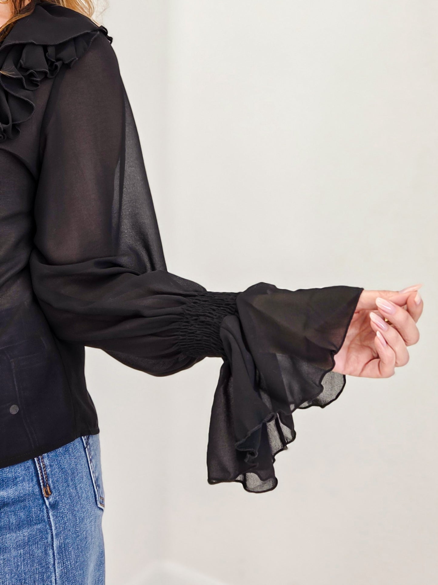 Black Pleated Ruffle Vintage Western Top