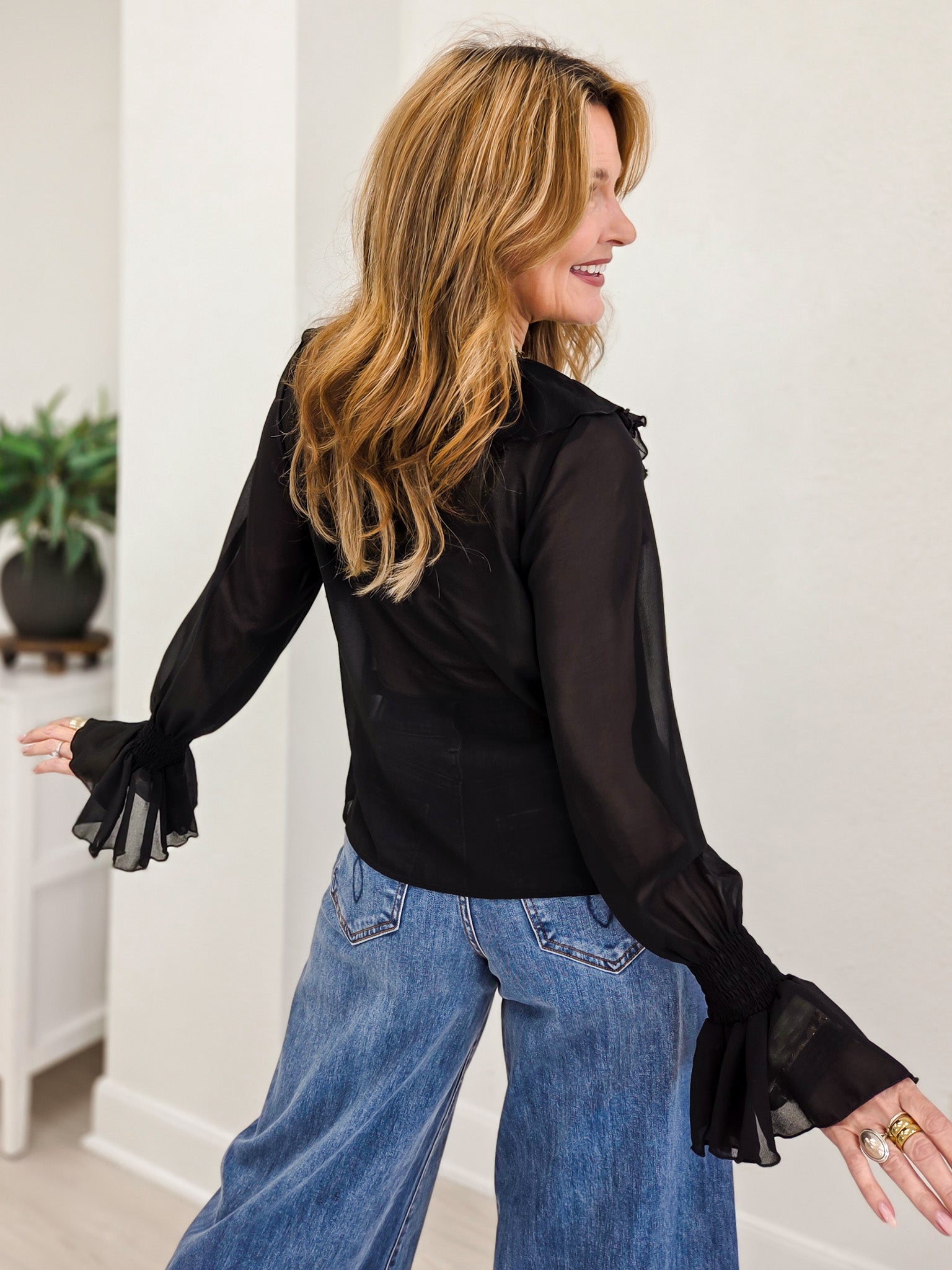 Black Pleated Ruffle Vintage Western Top