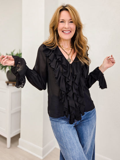 Black Pleated Ruffle Vintage Western Top