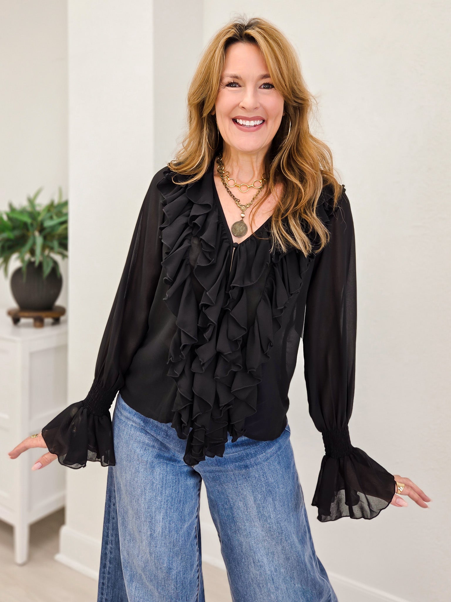 Black Pleated Ruffle Vintage Western Top