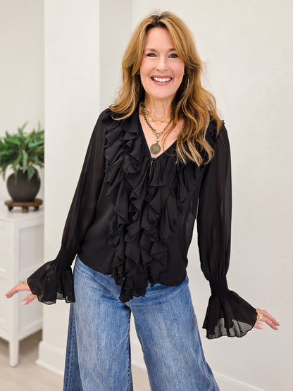 Black Pleated Ruffle Vintage Western Top