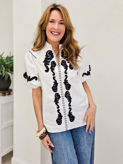 White Western Embroidered Detail Blouse