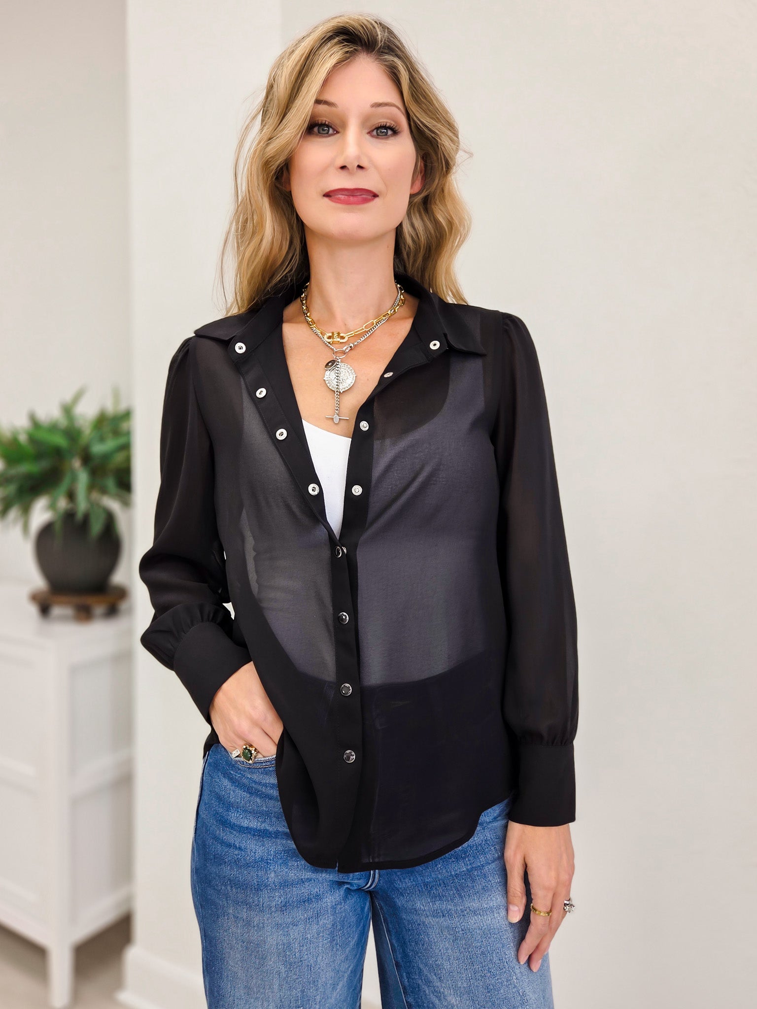 Chiffon Button Down Pearl Snap Collared Shirt