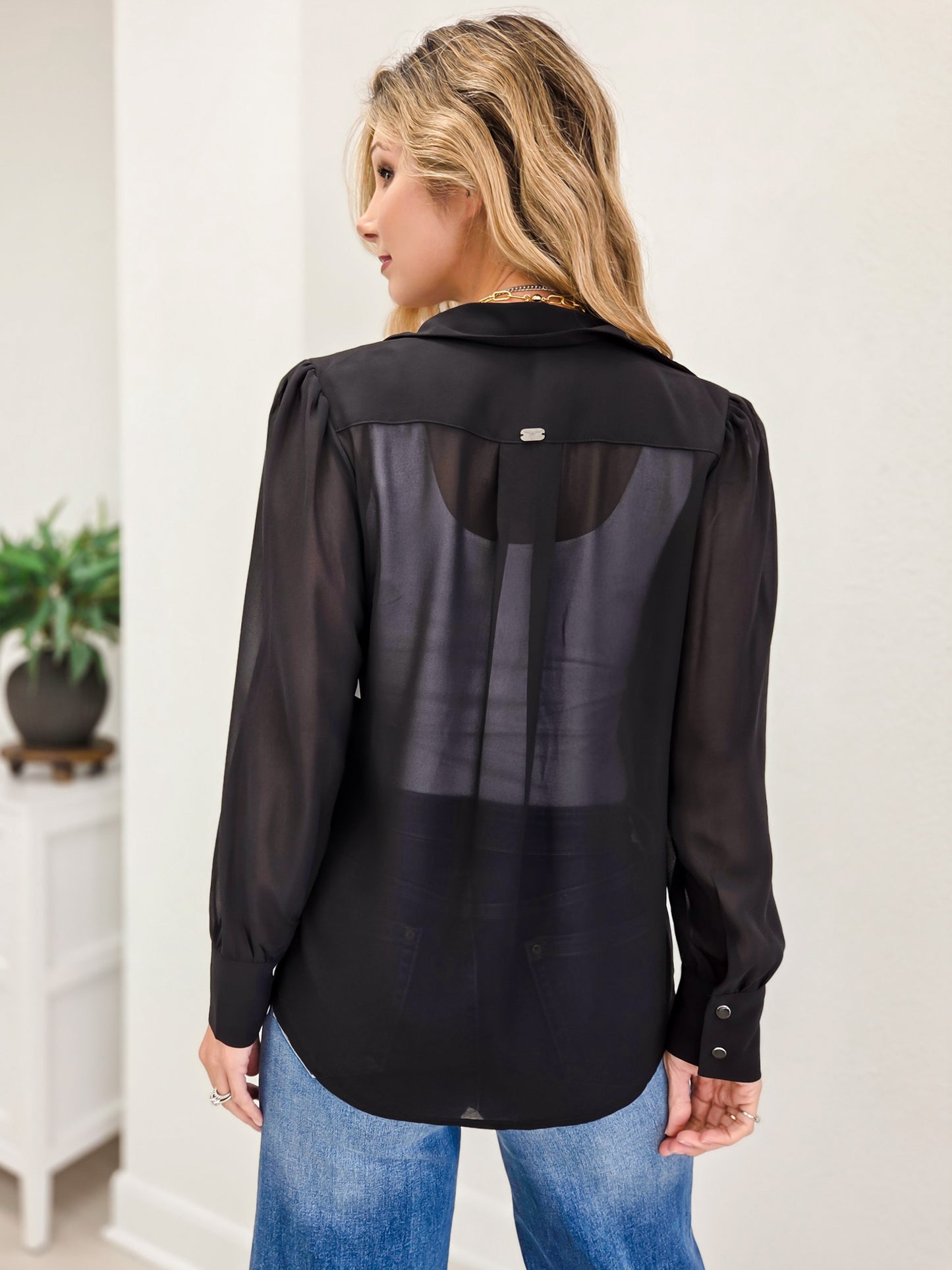 Chiffon Button Down Pearl Snap Collared Shirt