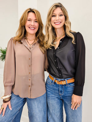 Chiffon Button Down Pearl Snap Collared Shirt