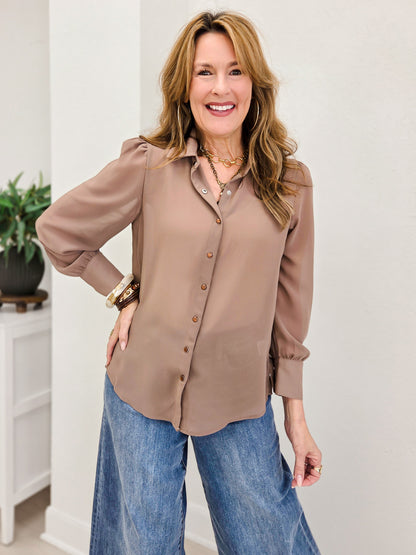 Chiffon Button Down Pearl Snap Collared Shirt