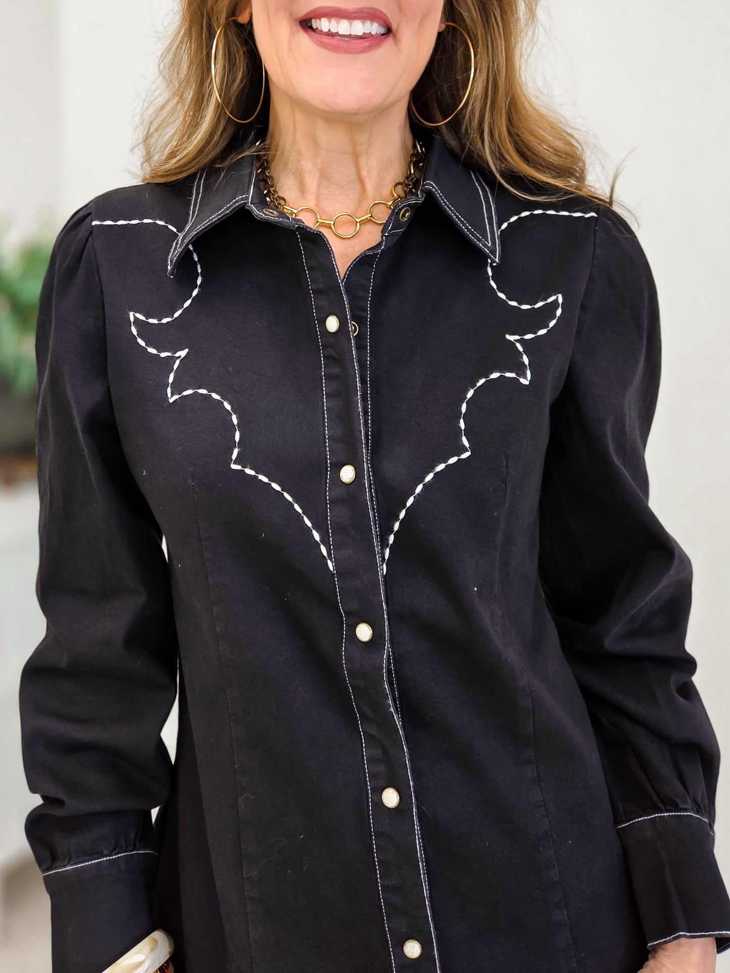 Black Denim Stretch Embroidered Puff Long Sleeve Shirt