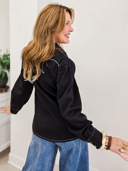 Black Denim Stretch Embroidered Puff Long Sleeve Shirt