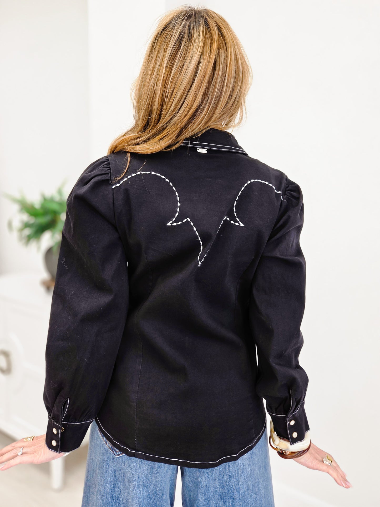 Black Denim Stretch Embroidered Puff Long Sleeve Shirt