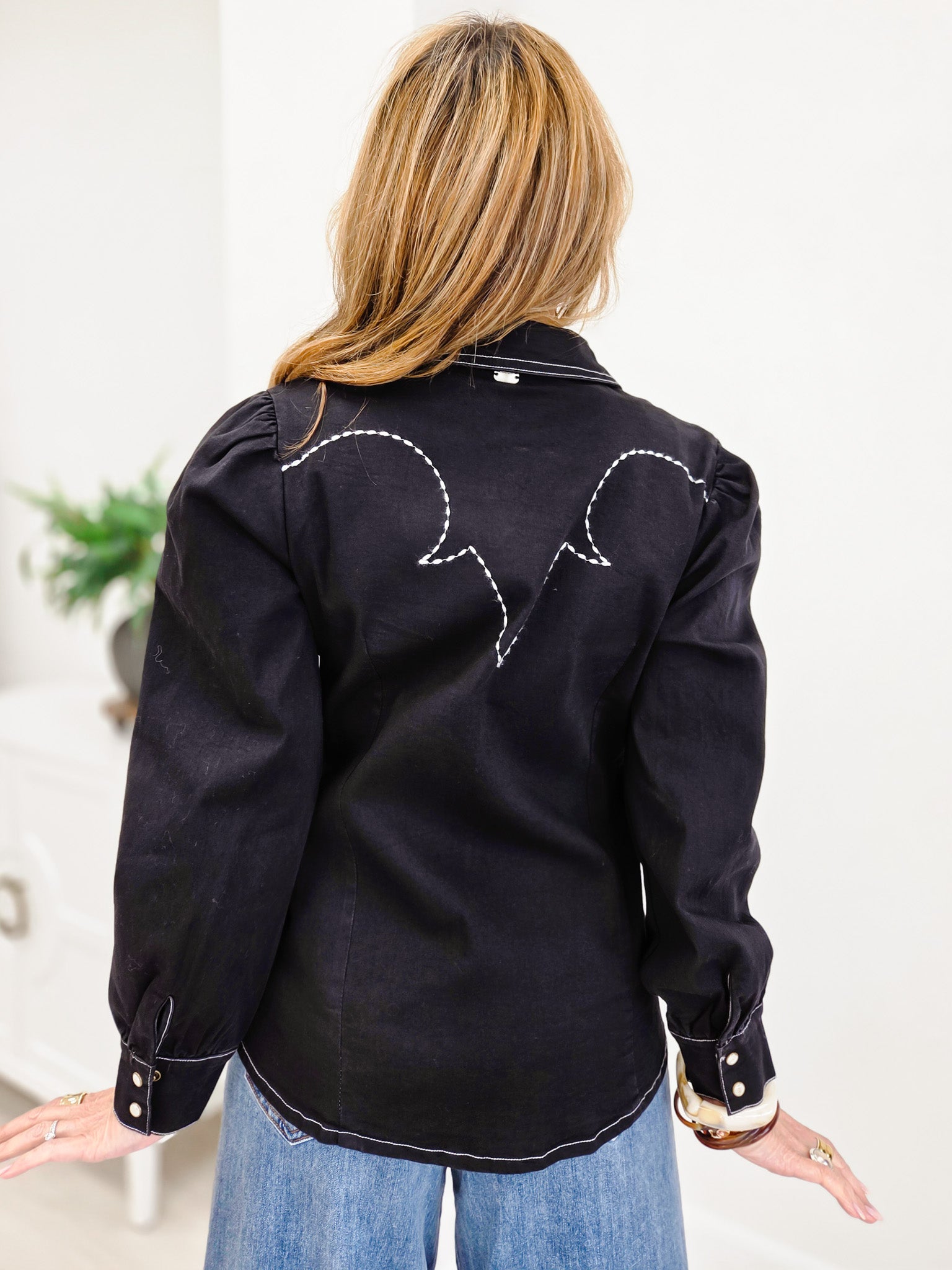Black Denim Stretch Embroidered Puff Long Sleeve Shirt