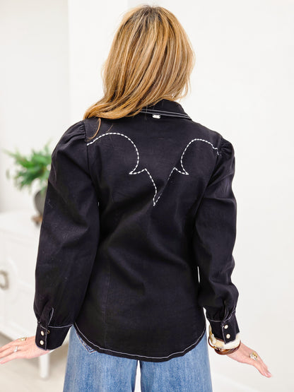 Black Denim Stretch Embroidered Puff Long Sleeve Shirt