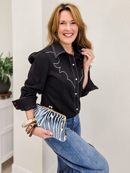 Black Denim Stretch Embroidered Puff Long Sleeve Shirt