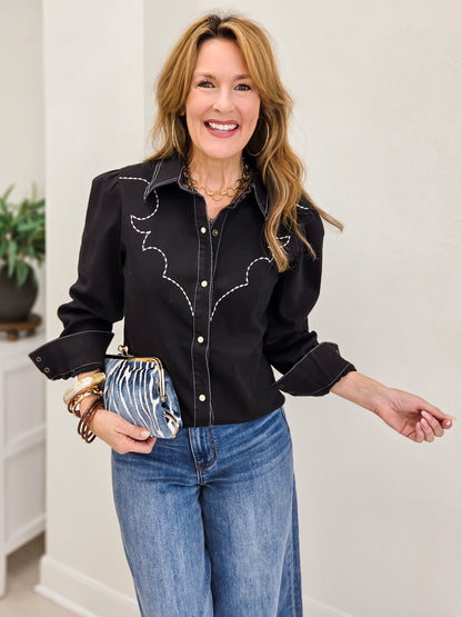Black Denim Stretch Embroidered Puff Long Sleeve Shirt