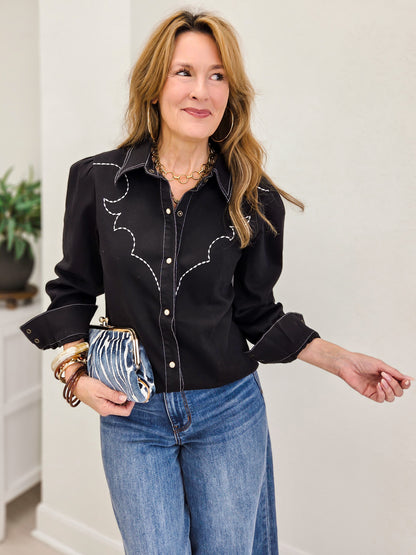 Black Denim Stretch Embroidered Puff Long Sleeve Shirt