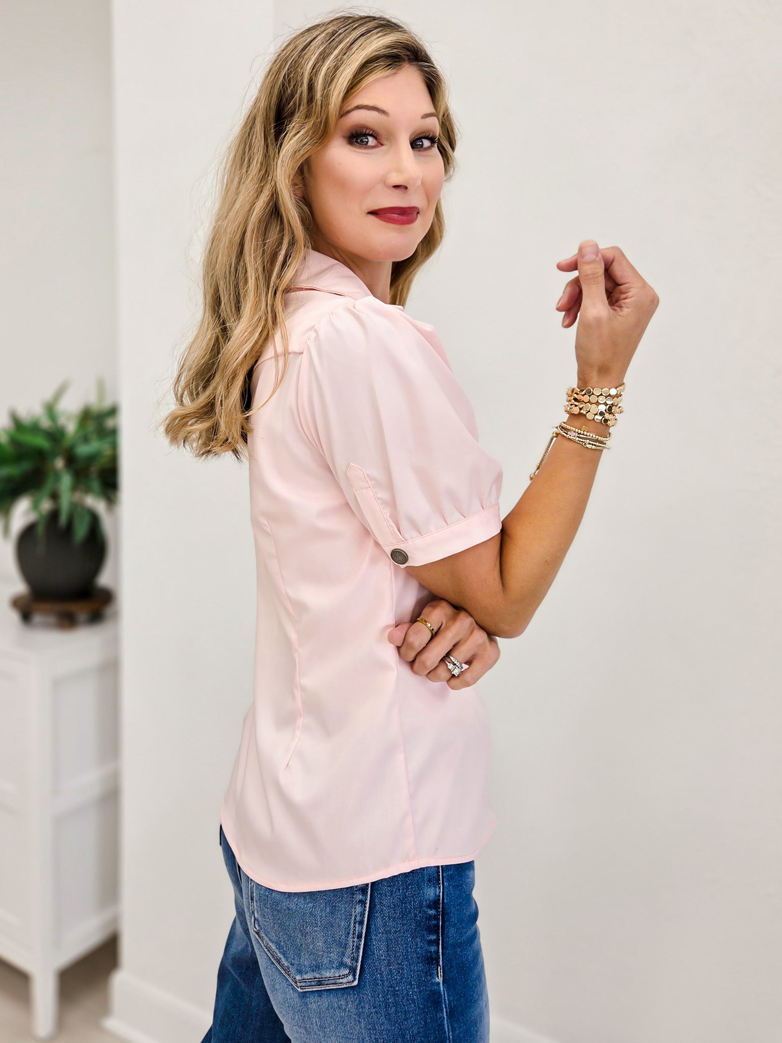 Soft Pink Concho Button Down Puff Short Sleeve Shirt
