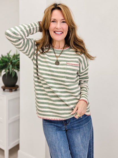 Pop Of Color Stitched Hem Long Sleeve Sweater