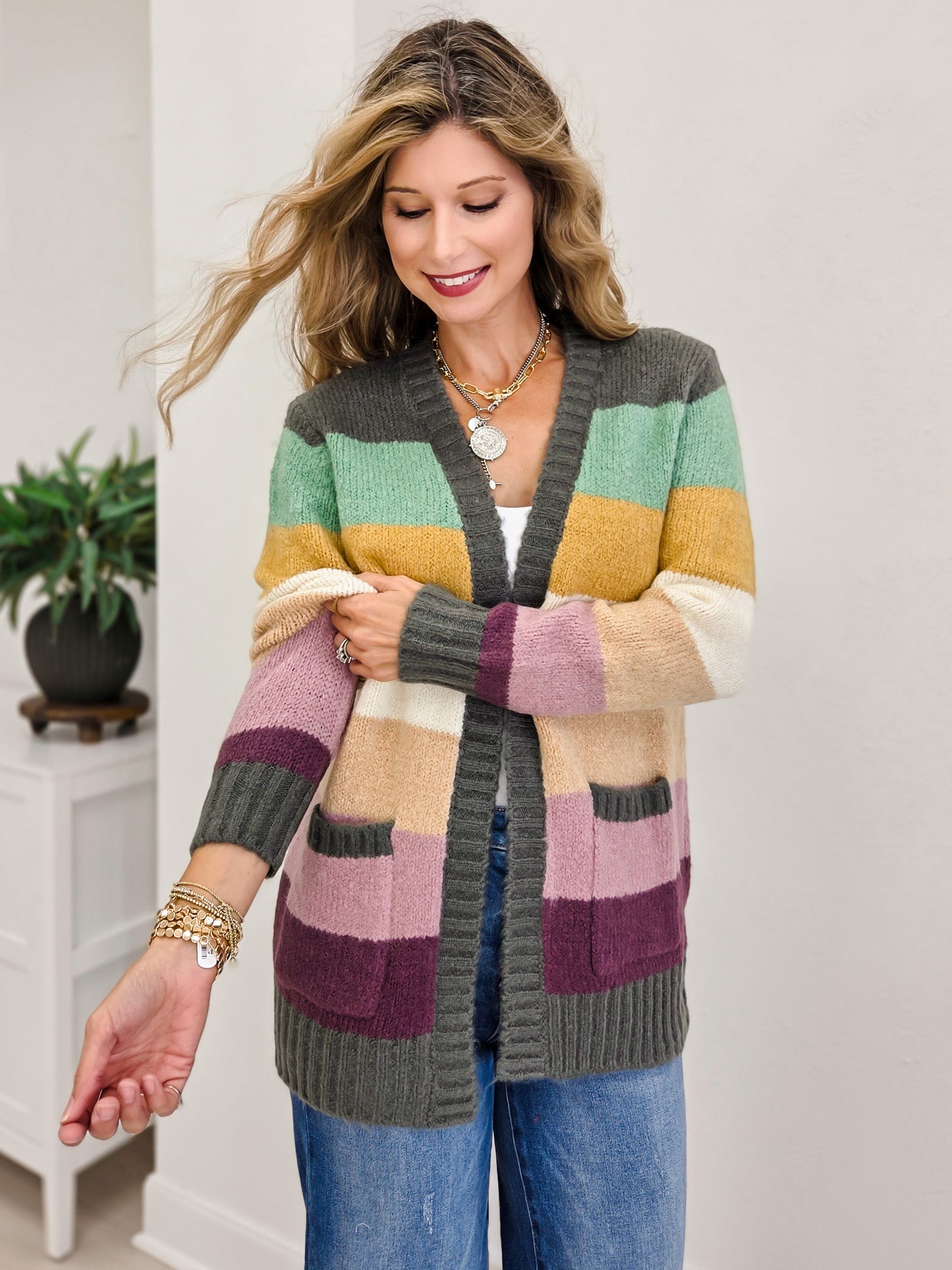 Multi Color Blocked Sweater Cardigan